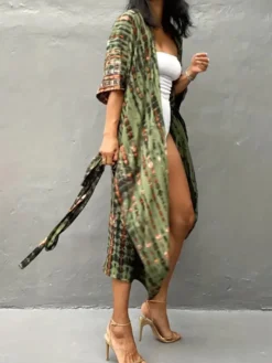 Cache-maillot maxi oversize à volants et manches longues tie-dye manches chauve-souris vert décontracté maillot de bain d'été pour la plage