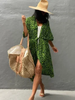 Cache-maillot maxi oversize à volants et manches longues tie-dye manches chauve-souris vert décontracté maillot de bain d'été pour la plage