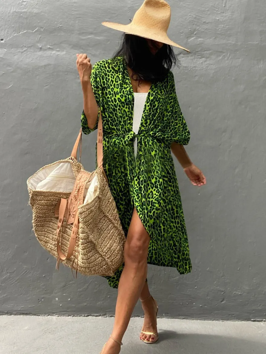 Cache-maillot maxi oversize à volants et manches longues tie-dye manches chauve-souris vert décontracté maillot de bain d'été pour la plage