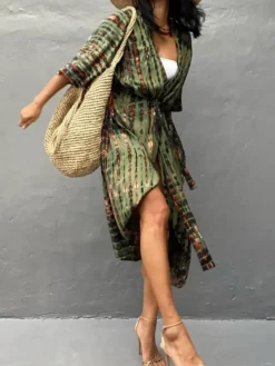 Cache-maillot maxi oversize à volants et manches longues tie-dye manches chauve-souris vert décontracté maillot de bain d'été pour la plage