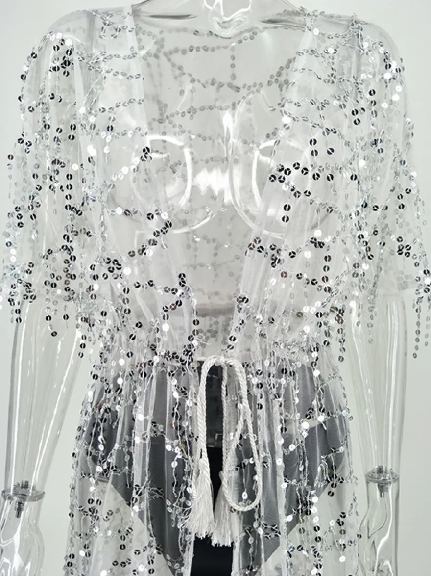 Cache-maillot à paillettes à manches mi-longues et sexy pour femme 2026