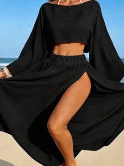 Cache-maillots blancs à fente sur le devant et col rond manches longues pour la plage et la natation en été.