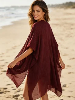 Cache-maillots bordeaux à manches courtes en polyester pour femmes maillots de bain d'été pour la plage.