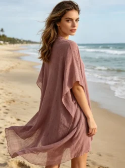 Cache-maillots bordeaux à manches courtes en polyester pour femmes maillots de bain d'été pour la plage.