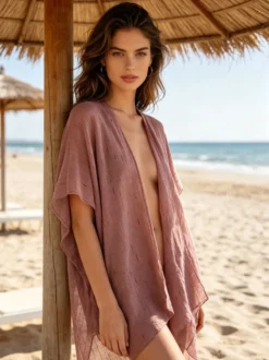 Cache-maillots bordeaux à manches courtes en polyester pour femmes maillots de bain d'été pour la plage.