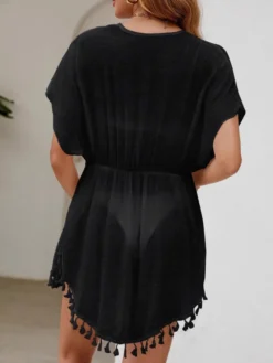 Cache-maillots de plage blancs à franges pour femmes manches courtes en polyester maillots de bain d'été.