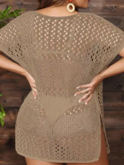 Cache-maillots kaki en maille à manches courtes pour femmes maillots de bain d'été sexy