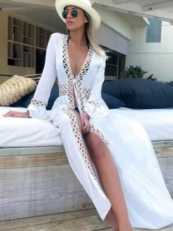Cache-maillots à volants et découpes en dentelle manches longues maillots de bain blancs sexy pour l'été