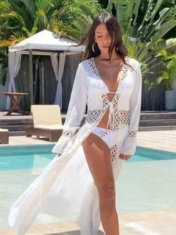 Cache-maillots à volants et découpes en dentelle manches longues maillots de bain blancs sexy pour l'été