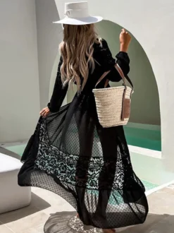 Cache-maillots à volants oversize en dentelle à manches longues maillots de bain noirs sexy pour l'été