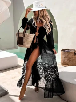 Cache-maillots à volants oversize en dentelle à manches longues maillots de bain noirs sexy pour l'été