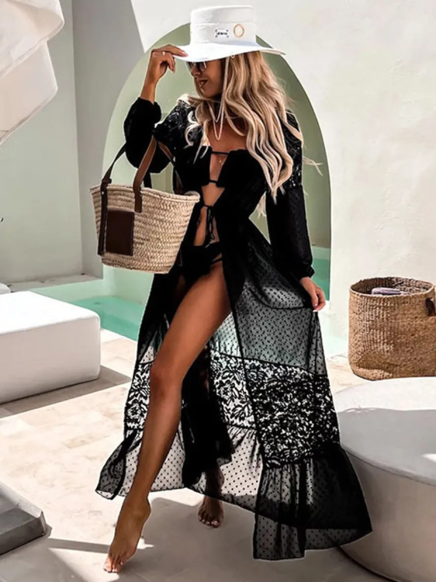 Cache-maillots à volants oversize en dentelle à manches longues maillots de bain noirs sexy pour l'été