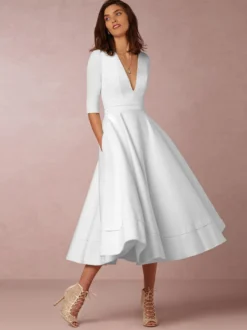 Cadeau Saint Valentin Robe de Soirée en Mousselines Longues à Col V avec Manches Mi-longues Coupe Cintrée Bas Evasée Unicolore Robe de Cocktail