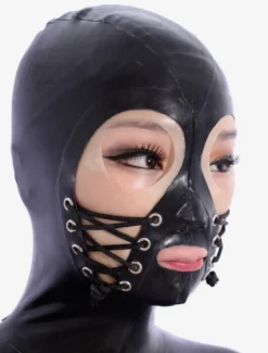 Cagoule de latex noir avec yeux ouverts et lacet Déguisements Halloween
