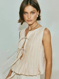 Camisole blanc top à lacet plissé coton lin décontracté femmes haut