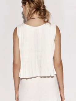 Camisole blanc top à lacet plissé coton lin décontracté femmes haut