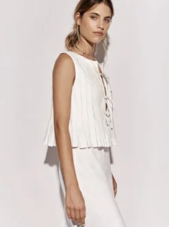 Camisole blanc top à lacet plissé coton lin décontracté femmes haut