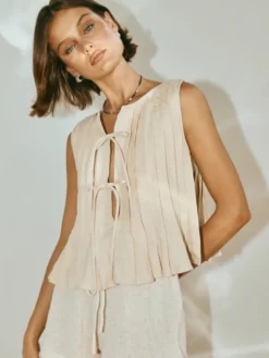 Camisole blanc top à lacet plissé coton lin décontracté femmes haut