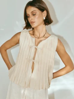 Camisole blanc top à lacet plissé coton lin décontracté femmes haut