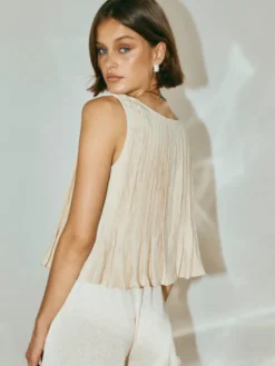 Camisole blanc top à lacet plissé coton lin décontracté femmes haut