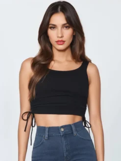 Camisole bleu ciel clair col en U cordon de serrage Polyester Convertible Chic femmes Camis