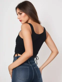 Camisole bleu ciel clair col en U cordon de serrage Polyester Convertible Chic femmes Camis