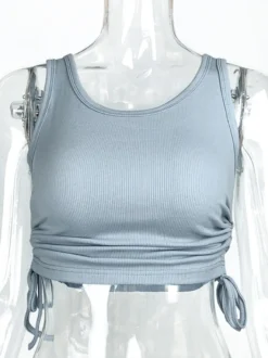 Camisole bleu ciel clair col en U cordon de serrage Polyester Convertible Chic femmes Camis