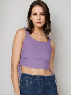 Camisole bleu ciel clair col en U cordon de serrage Polyester Convertible Chic femmes Camis
