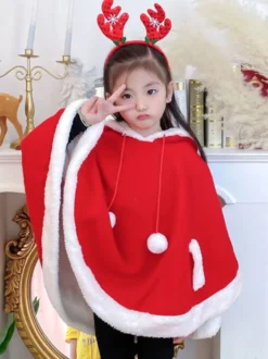 Cape De Noël Enfants Cape En Fibre De Polyester Rouge Bloc De Couleur Capes Cadeaux Noël