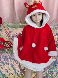 Cape De Noël Enfants Cape En Fibre De Polyester Rouge Bloc De Couleur Capes Cadeaux Noël