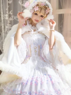Cape Lolita de style ROCOCO en polyester blanc à blocs de couleurs pour l'automne