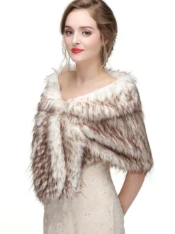 Cape Manteau Poncho Femme Mariage en Fousse Fourrure Synthétique à Col V Taille Haute Bicolores