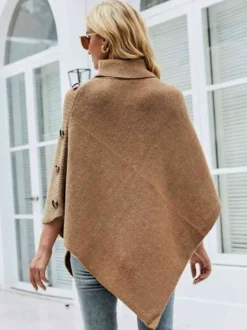 Cape Poncho Femme Côtelé à Col Montant avec Manches Longues Unicolore Manteau Femme