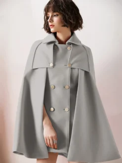 Capes Manteau Poncho Femmes Courtes à Col Revers Décors avec Boutonnages Croisées Unicolore