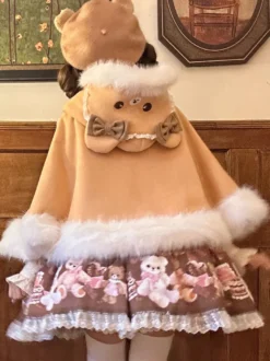 Cape Sweet Lolita doublée en peluche cape de Noël à capuche avec broderie
