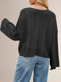 Cardigan court oversize à manches longues et épaules tombantes col en V en maille torsadée et poche boutonnée