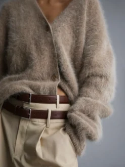 Cardigan en fausse fourrure kaki à manches longues et col en V surdimensionné pour femme vêtement d'extérieur confortable pour le printemps 2026