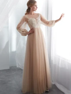 Champagne robes de bal à manches longues en dentelle tulle une ligne longueur au sol robe formelle robes d'invité de mariage