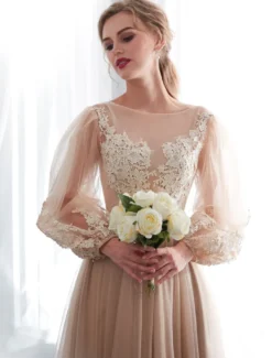 Champagne robes de bal à manches longues en dentelle tulle une ligne longueur au sol robe formelle robes d'invité de mariage