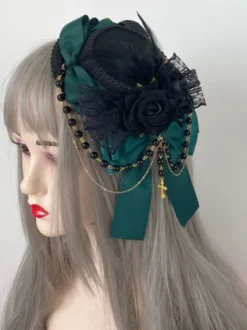 Chapeau Gothique Lolita Chaînes Perles Accessoire Polyester Bordeaux Accessoires Lolita