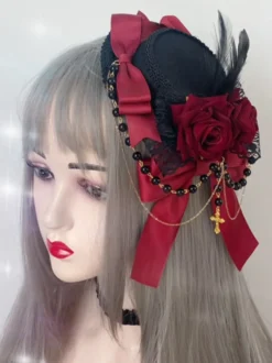 Chapeau Gothique Lolita Chaînes Perles Accessoire Polyester Bordeaux Accessoires Lolita