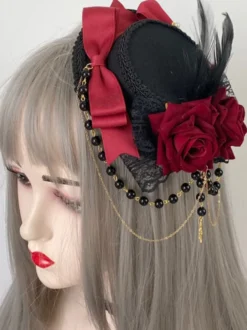 Chapeau Gothique Lolita Chaînes Perles Accessoire Polyester Bordeaux Accessoires Lolita