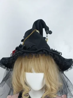 Chapeau gothique Lolita Fleurs noires Volants Chaînes Accessoire Polyester Lolita Accessoires
