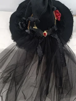 Chapeau gothique Lolita Fleurs noires Volants Chaînes Accessoire Polyester Lolita Accessoires
