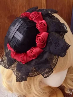 Chapeau gothique Lolita à volants noirs et fleurs Accessoire en polyester Accessoires Lolita