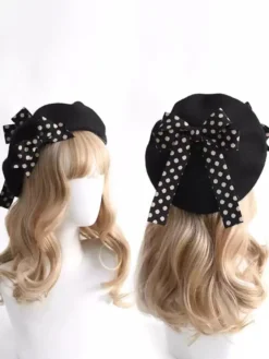 Chapeau Lolita doux avec nœuds et accessoires à pois en polyester bordeaux