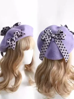 Chapeau Lolita doux avec nœuds et accessoires à pois en polyester bordeaux