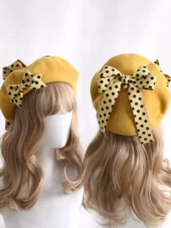 Chapeau Lolita doux avec nœuds et accessoires à pois en polyester bordeaux