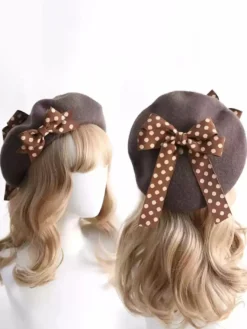 Chapeau Lolita doux avec nœuds et accessoires à pois en polyester bordeaux