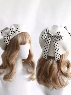 Chapeau Lolita doux avec nœuds et accessoires à pois en polyester bordeaux